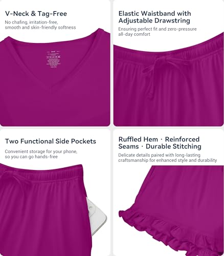 Image of WiWi Womens Pajamas Set Bamboo Viscose Super Soft Short Sleeve Top Ruffle Shorts Sleepwear Cooling Pj Sets S-XXL