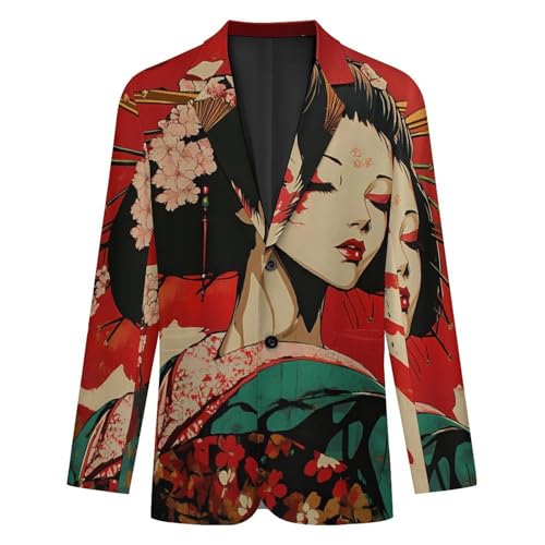 Geisha Japanese Flag Mens Suit Jacket Lapel Blazers V Neck Button Business Coat Tuxedo for Wedding Party4