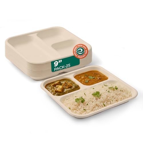 Image of ECO SOUL | 3 Compartment Bagasse Meal Tray | 9 Inch - Pack of 25 | Disposable Plates Big Size | Eco-Friendly, Microwave Safe, & Leak-Resistant | Ideal for Serving Meals and Catering