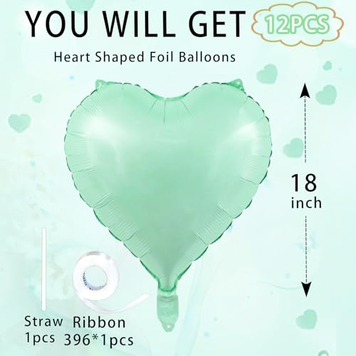 Image of Green Heart Ballloons,18 Inch Pastel Green Foil Love Heart Shaped Balloons 12Pcs Light Green love balloon for Anniversary Birthday Party Baby Shower Valentines Day Decorations