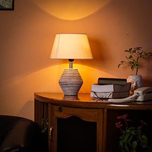 Image of PineCraft International Atury Table Lamp with Shade Night Lamp for Living Room, Study Room, Bedroom & Home Decor Gift Item 14 inch Height Wooden Study Lamp with Off White Shade