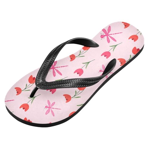 Tulips Dragonfly Floral Pink Flip Flops for Beach Thong Sandals Anti-slip Lightweight Beach Shoes for Indoor Outdoor House2