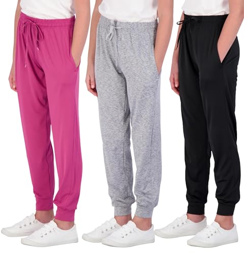Real Essentials 3 Pack: Girls Dry Fit Soft Sweatpants GJoggers Teen PJ Pants Athletic Warmup Basic Casual Sweatpants Sports Kids Clothing Youth Children Sweats Pant Running -Set 6, M (10/12)