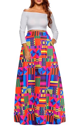 Afibi Women African Printed Maxi Skirt Flared Skirt A Line Long Skirts with Pockets S-5XL (X-Large Purple Orange)