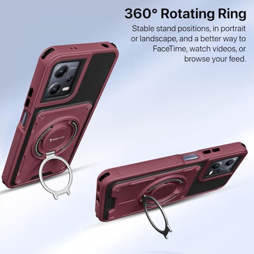 Image of Vaku Luxos Axion Armor Military Grade TPU Back Cover Case for Xiaomi Redmi Note 12 5G with Magnetic Ring Holder Kickstand Camera Screen Protector- Maroon