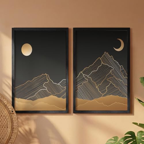Image of NoWorries Golden Sun & Moon illustration line art Wall paintings for Home decoration (13x19inches) (Line Art) Set of 2 Big framed posters (Art-6)