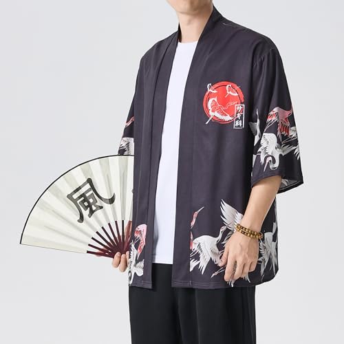 Image of PRIJOUHE Men's Japanese Kimono Cardigan Jackets Casual Long Sleeve Open Front Coat Lightweight Yukata Outwear