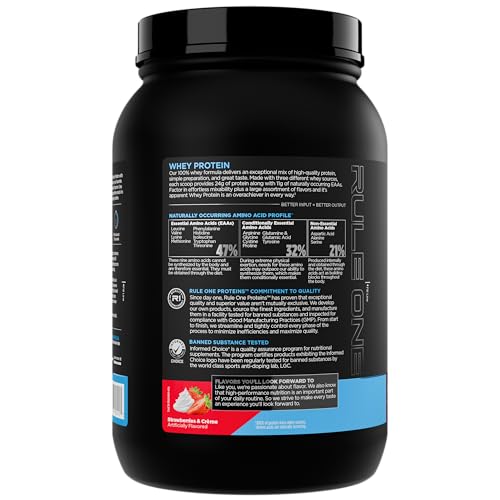 Image of Rule1 1 R1 Whey Blend, Strawberries & Creme - 1.96 lbs Powder - 24g Whey Concentrates, Isolates & Hydrolysates with Naturally Occurring EAAs & BCAAs - 27 Servings