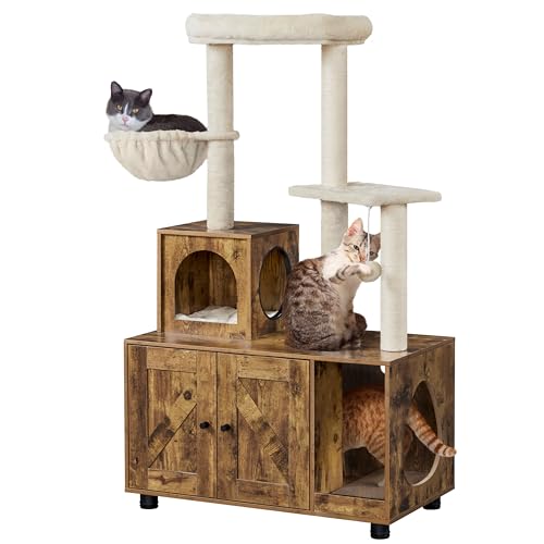 Soberine Mobile Lettiera Gatti con Tiragraffi Integrato e Cuccia Albero Gatto 4-in-1 Design Multifunzionale e Salvaspazio Marrone Rustico e Beige Montaggio Facile