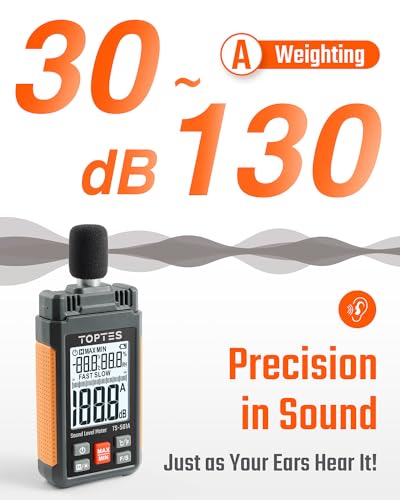 toptes decibel meter ts-501a sound level meter with 225 backlight lcd screen portable spl tester with a weighted range 30-130db data hold maxmin use for home noisy neighbor factory - orange