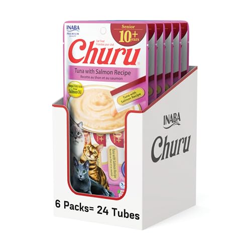 Image of INABA Churu for Senior 10+, Creamy Lickable Cat Treats with Taurine, Vitamin E & C, 0.5 Ounces Each, 24 Tubes (4 per Pack), Tuna with Salmon Recipe