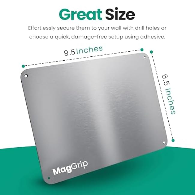 9 inches x 6.5 inches Stainless Steel Plate for Magnets, 3M Adhesive Back, Mounting Screws, Ideal for Magnetic Shelf, Spice Holders, Fridge Magnets. Mount Anywhere! (Silver, 2 Pack)