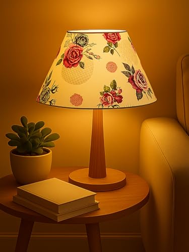 Image of Decorative Floral Shade Table Lamp with Warm LED Lighting & Natural Wooden Stand - Perfect for Bedroom, Living Room, Study & Gifting (Rose)