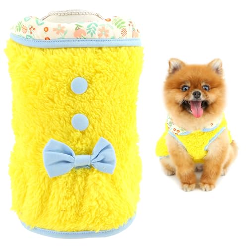 SMALLLEE_LUCKY_STORE 犬服 秋冬 ペット服 ワンピース 犬用スカート ベスト 蝶結び 防寒 犬ウェアー 小型犬 子犬 猫服 チワワ服 トイプードル服 ダックスフンド服 ポメラニアン服 部屋着 お散歩 お出かけ,イエロー,XS