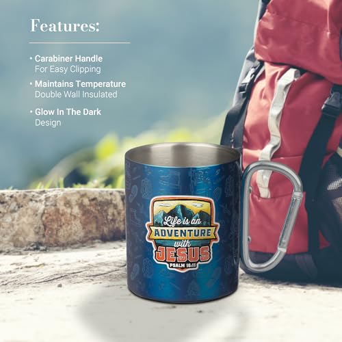 Image of Christian Art Gifts Stainless Steel Double-Wall Insulated Glow in the Dark Camp Style Mug with Carabiner Style Handle for Kids: Adventure with Jesus Inspirational Bible Verse, Blue Multicolor, 9 oz.