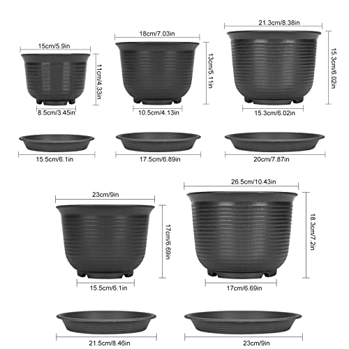 Rifny 10/9/8/7/6 Inch Plant Pots, Large Plastic Planters For Indoor Plants With Drainage Holes And Tray, Set Of 5 Modern Decorative Flower Pots For House Garden Plants, Flowers (Dark Grey) #TOP1