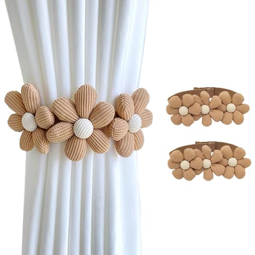 Image of SRG Sunflower Curtain Tiebacks-2 Pack | Curtain Holdbacks with Three Flower | Curtain Tiebacks Boho | Japanese Curtain Ties | Cute Flower Curtain Ties Decorative for Bedroom Window Treatment （Khaki）