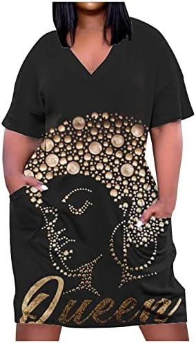 HOKCUS Flowy Dresses for Women Casual Ladies V Neck Short Sleeve Dresses Cartoon Girl Printed Summer Plus Size African Dresses with Pockets 02-Black X-Large