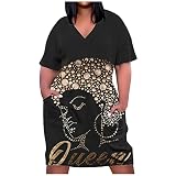 HOKCUS Flowy Dresses for Women Casual Ladies V Neck Short Sleeve Dresses Cartoon Girl Printed Summer