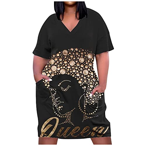 Hokcus Flowy Dresses For Women Casual Ladies V Neck Short Sleeve Dresses Cartoon Girl Printed Summer Plus Size African Dresses With Pockets 02-Black X-Large #TOP3