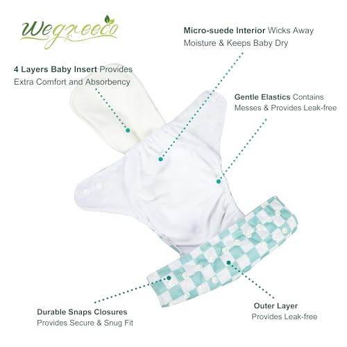 Image of wegreeco Cloth Diapers 6 Pack with 6 Inserts & 1 Wet Bag, Washable Cloth Diapers for Babies, One Size Adjustable Reusable (Checkerboard)