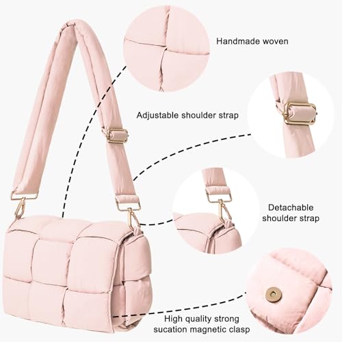 Image of Shoulder Bag Lightweight Puffer Tote Crossbody Bag Handwoven for Women | waterproof nylon, durable, soft padded texture, versatile for travel, work, weekend, everyday, adjustable strap