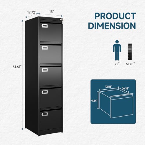 Image of MIIIKO 5 Drawer File Cabinet, Black Vertical Filing Cabinets with Lock, Home Office File Folders Storage Cabinet for Letter Legal File Size.