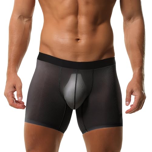 FEOYA Men's Mesh See Through Boxer Brief Underwear Ice Silk Low Rise Underpants 3D Puch Bulge Shorts Sport Short Leg Panties