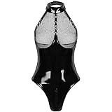 KKmeter Womens One-piece Metallic PVC Leather Halter Neck Zipper Crotch Leotard Bodysuit Jumpsuit Club Nightwear (Black, Small)