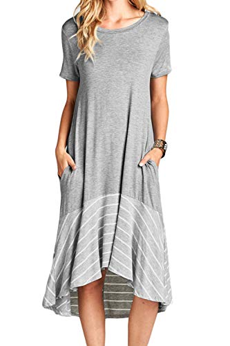 Image of Jayscreate Women's Casual Summer Dress Midi Length T Shirt Tunic Short Sleeve Crew Neck Long Beach Dress Loose Fit with Pockets Grey