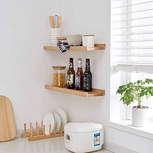 Recogwood Floating Shelves Wall Mounted, 16 Inch Wall Shelves For Decor And Storage, Natural Solid Oak Wood Shelf, Picture Ledge For Bedroom/Bathroom/Living Room/Kitchen/Laundry Room, Natural Color #TOP3