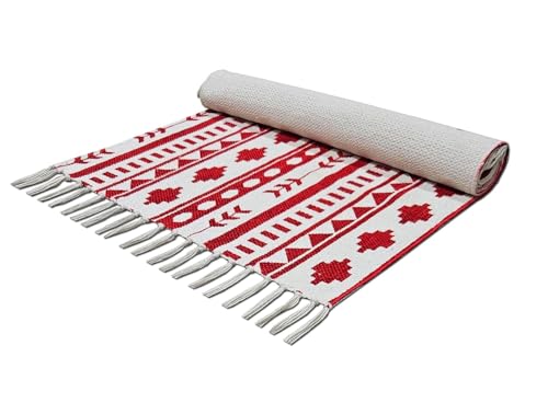 Image of SAGON 2x5 Ft Printed Runner Carpet - Cotton Bedside Rug for Bedroom & Living Room (Red Arrow Geomatric)