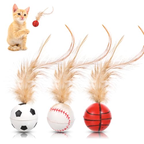 Giantree Hüpfender Katzenball mit Feder, 3 Stück Katzen-Hüpfbälle Federn Katzenspielzeug, Federballspielzeug für Wohnungskatzen Durchmesser 3cm...