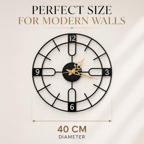 Image of 40 cm Metal Wall Clock, Black | Silent Non-Ticking, Skeleton Design, Modern Iron Analog, For Living Room, Bedroom, Hall, Office & Home Decor