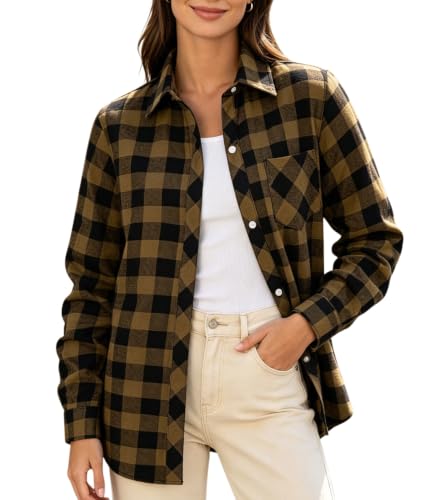 Image of SANGTREE Women and Girls Long Sleeve Flannel Casual Button Down Plaid Shirt