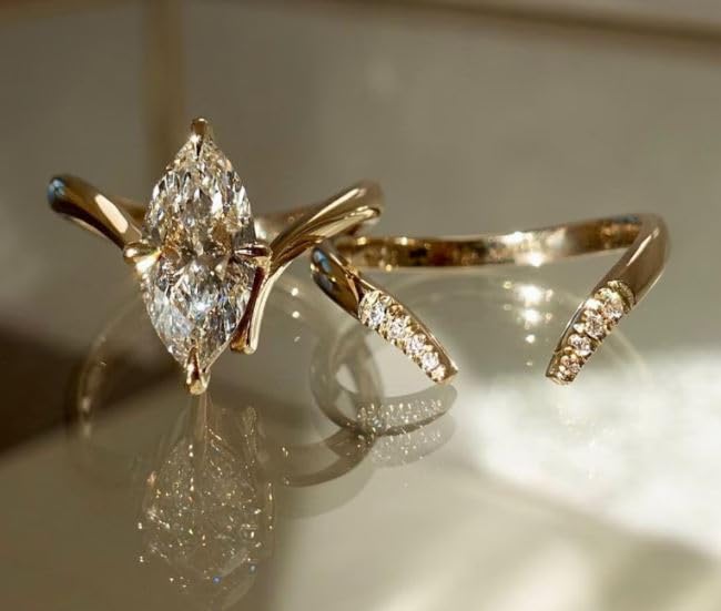 3 CT Marquise Cut Engagement Ring Set Vintage Diamond Solitaire Ring Set With Unique Matching 14K Solid Gold Plated Wedding Band For Women,Gifted For Her,Size 3-12.2