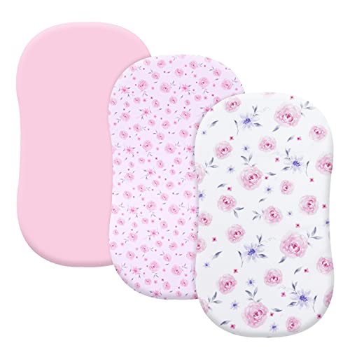 Image of PHF 3 Pack Soft Bassinet Sheets, Floral Comfy Polyester Cradle Sheets for Baby Boys Girls, Universal Fit for Most Cradle and Bassinet Mattress, Pink Floral