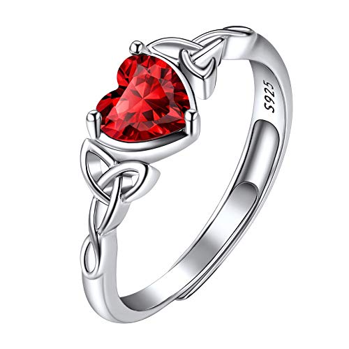 Suplight Anillo Ajustable Corazón Color Granate Rojo Piedras Natales de Cumpleaños de Enero Nudo Celta Elemento Joyería Irlandesa Plata de Ley 925 para Mujeres