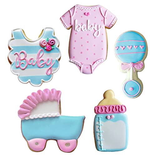 Ann Clark Baby Shower Cookie Cutters - 5-Pc. Set Made in USA: Onesie, Bib, Rattle, Bottle, Carriage