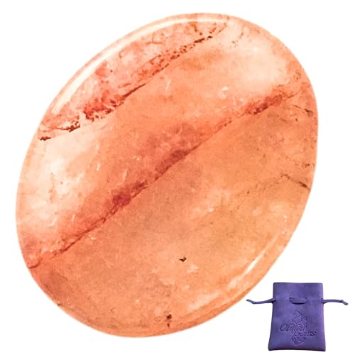 Obilea Gems - Fire Quartz Oval Thumb Worry Stone - Healing Crystals for Anxiety & Worry Relief, Calming, Meditation, Reiki with Gemstone Info Card & Premium Bag - Reiki Enhanced
