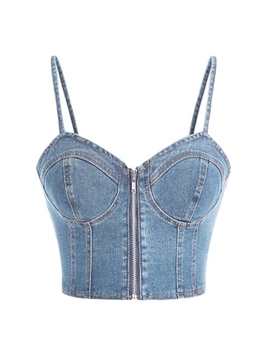 Milumia Women's Denim Bustier Crop Top Zip Front Spaghetti Strap Jean Cami Tank Tops Medium Wash Medium