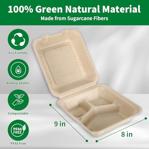 image for Aricsen 100 Pack 3 Compartment Compostable 8x9 Inch Takeout Lunch Box 