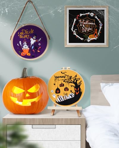 Image of TINDTOP Halloween Embroidery Kit for Adult, 5 Pack Embroidery DIY Starter Kit, with Stamped Patterns, Hoop, Tools, Colorful Threads with Needles, Instructions | 5 Pack with Stamped Patterns, Hoop, Tools, Colorful Threads with Needles, Instructions
