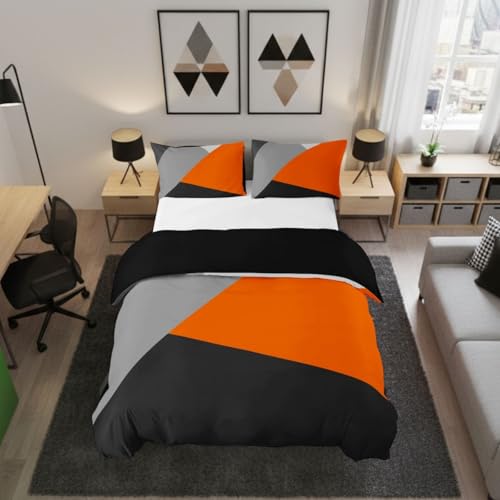 Homewish Orange And Gray Duvet Cover Single Patchwork Geometric Triangle Bedding Set Orange Black Light Grey Comforter Cover For Kids Adults Modern Simple Abstract Bed Set With Zipper 1 Pillow Case