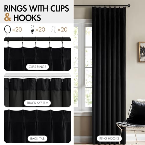 Image of MIULEE Pinch Pleated Black Velvet Blackout Curtains 102 inches Long, Thermal Insulated Pinch Pleat Drapes with Hooks, Luxury Halloween Window Panels for Bedroom Living Room, 2 Panels