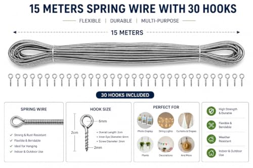 Image of Livshine Spring Curtain Wire 15 Meter with 30 Screw Eye Hooks, Flexible Metal Curtain Hanging Wire Kit for Windows, Cafe Curtains, Photo Display, String Lights and Decor
