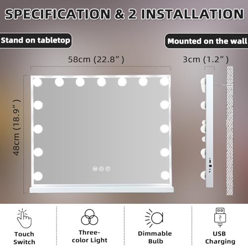 MISAVANITY Vanity Mirror with Lights Tempered Galss Hollywood Vanity Makeup Mirror with 15 LED Bulbs 22.8"x 18.1" USB Charge Port and Dimmable 3 Color Lighting for Tabletop Wall-Mounted, White