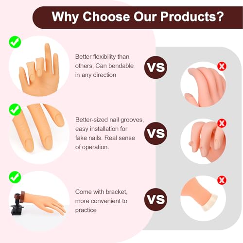 LIONVISON Mão prática para unhas de acrílico, modelo de manequim flexível para unhas, mãos de manicu