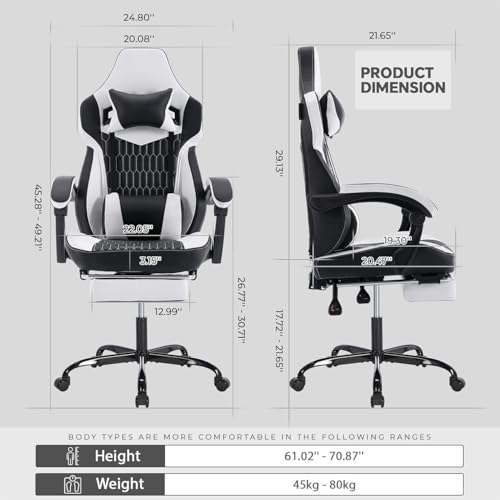 Image of Gaming Desk Chair for Adults, Ergonomic Gaming Chair with Footrest & Headrest and Lumbar Support, Leather Material Height Adjustable Computer Video Game Chairs (Black+White-1)