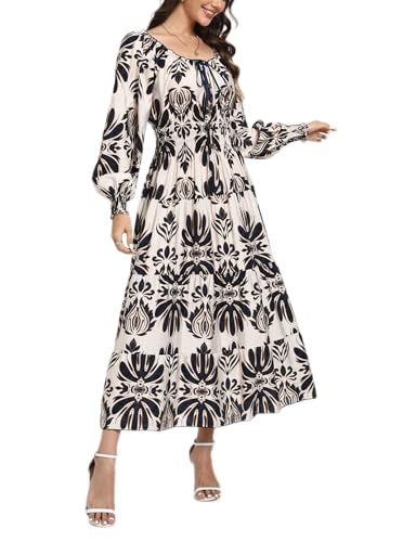 Image of OSTOO Women's 2026 Casual Long Sleeve Square Neck Smocked High Waist Flowy Maxi Dress,Boho Tiered Beach Party Dress